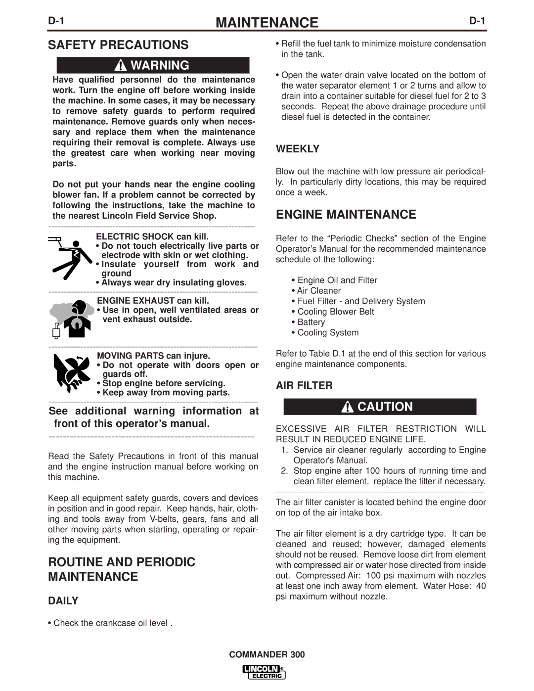 Lincoln Electric IM700-D manual Routine and Periodic Maintenance, Engine Maintenance 