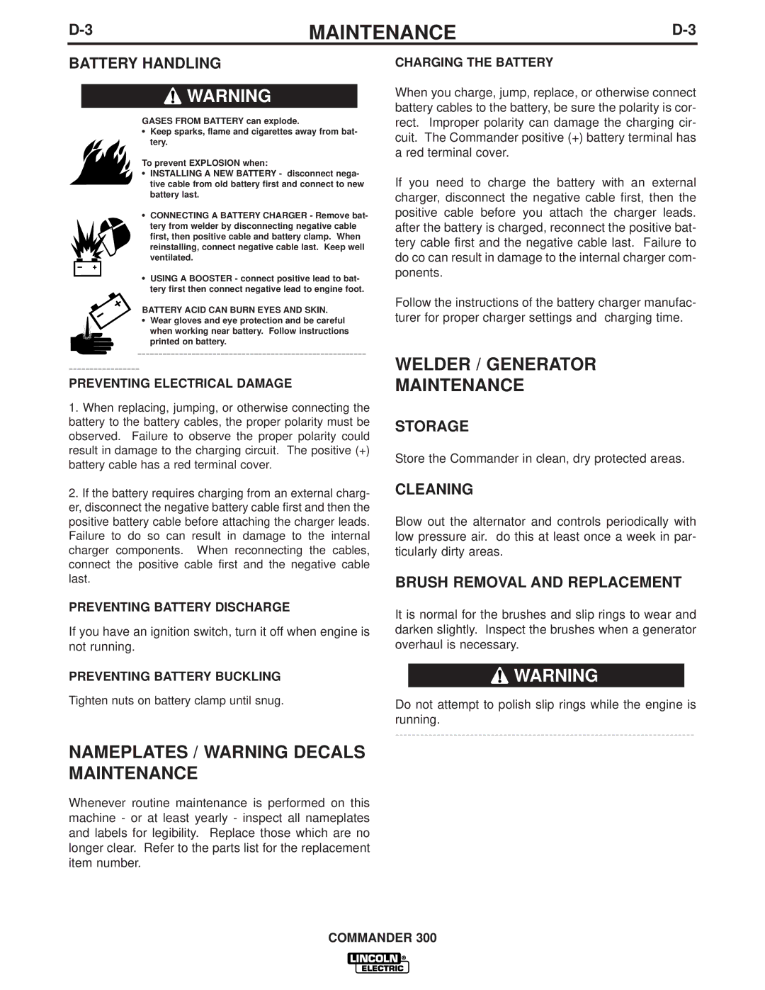 Lincoln Electric IM700-D manual Nameplates / Warning Decals Maintenance, Welder / Generator Maintenance 