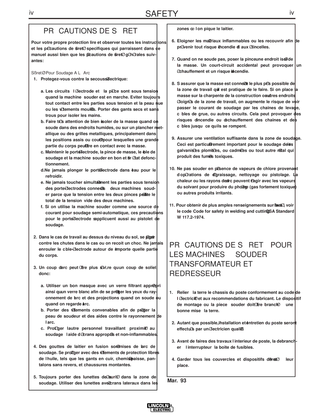 Lincoln Electric IM700-D manual Précautions DE Sûreté, Sûreté Pour Soudage a L’Arc 