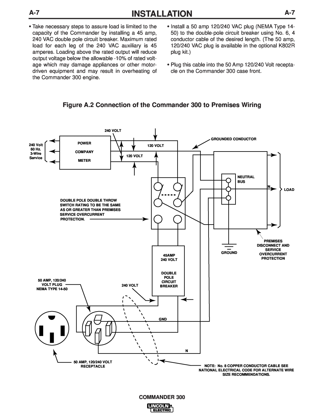 Lincoln Electric IM700-D manual Figure A.2 Connection of the Commander 300 to Premises Wiring, Installation 