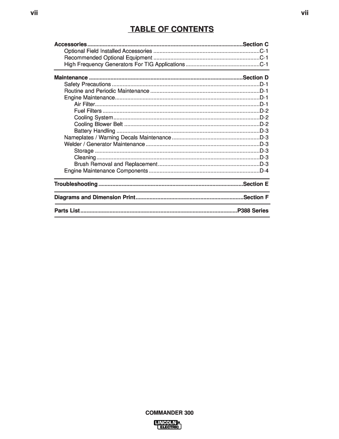 Lincoln Electric IM700-D manual Table Of Contents, Section C, Section D, Section E, Section F, P388 Series, Commander 