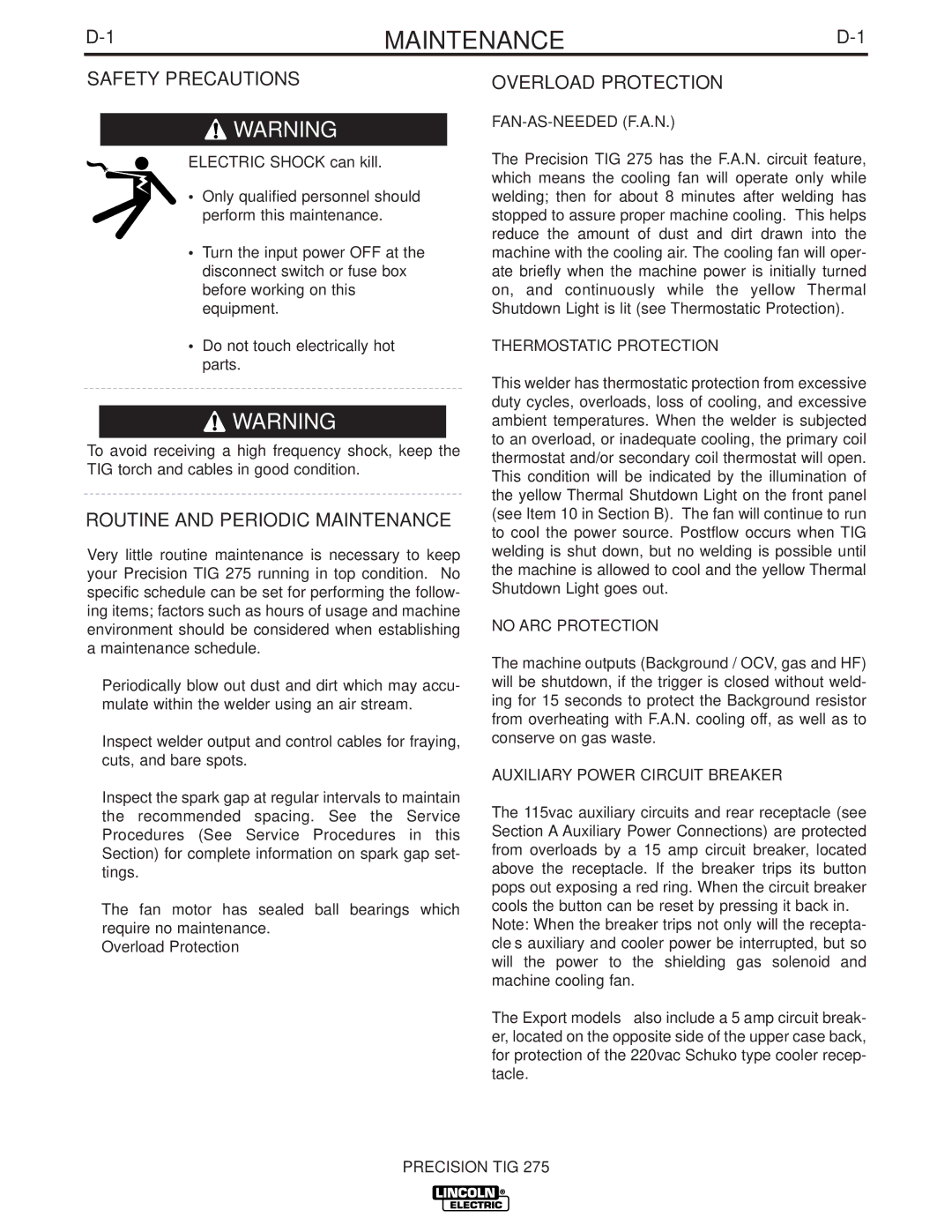 Lincoln Electric IM702-A manual Safety Precautions, Routine and Periodic Maintenance, Overload Protection 