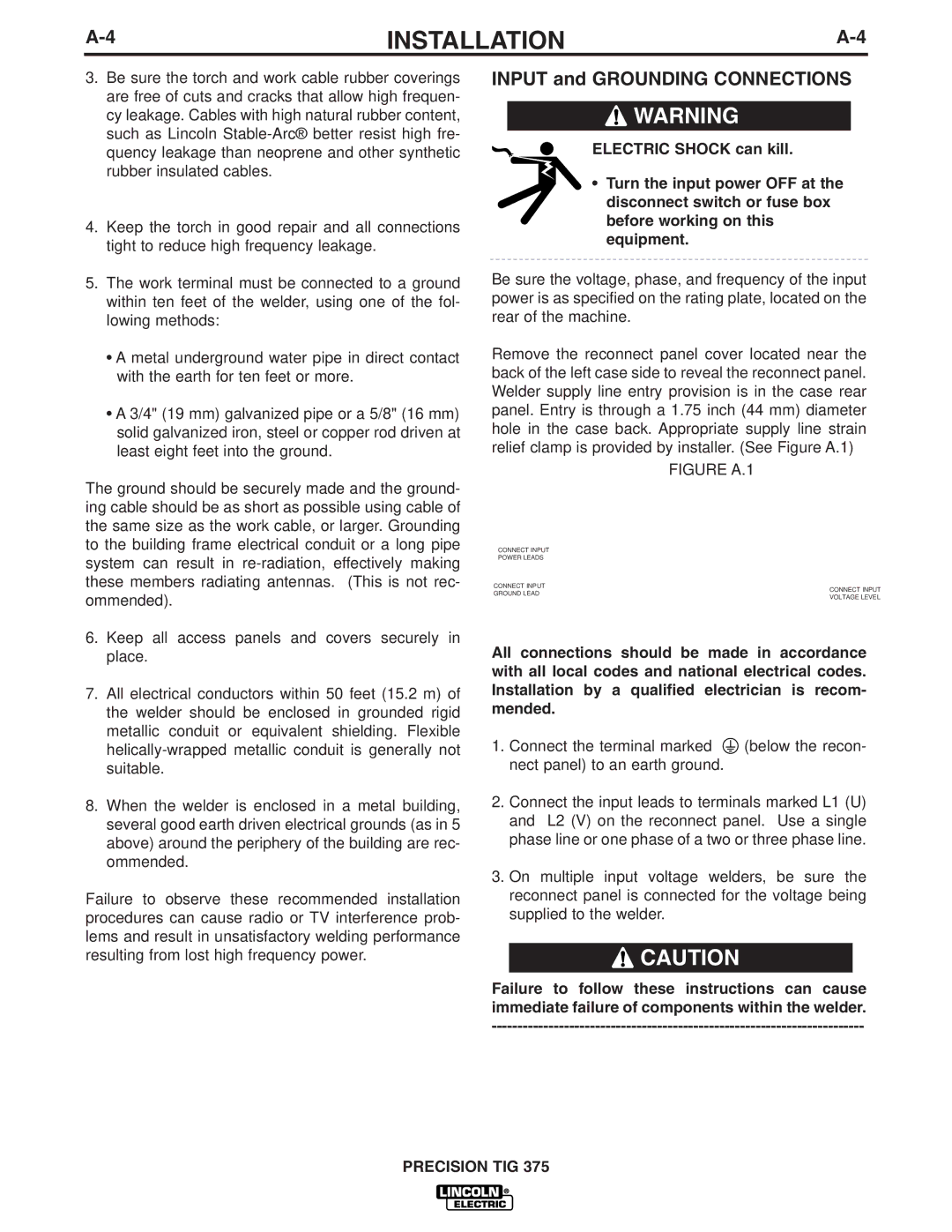 Lincoln Electric IM703-A manual Input and Grounding Connections 