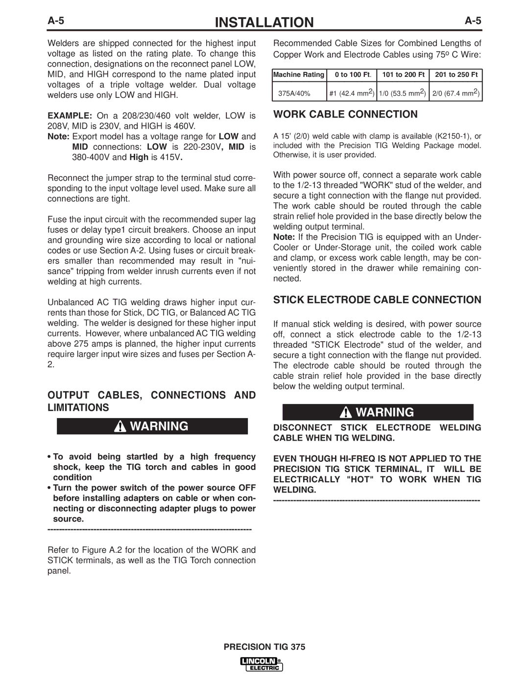 Lincoln Electric IM703-A manual Output CABLES, Connections and Limitations, Work Cable Connection 