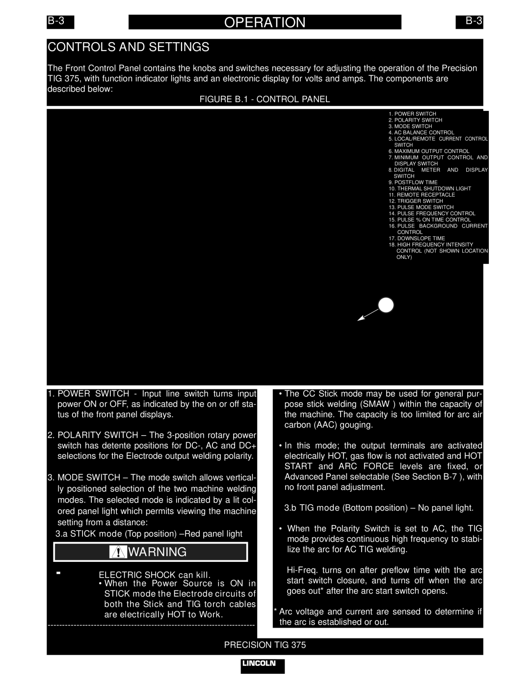 Lincoln Electric IM703-A manual Controls and Settings, Figure B.1 Control Panel 