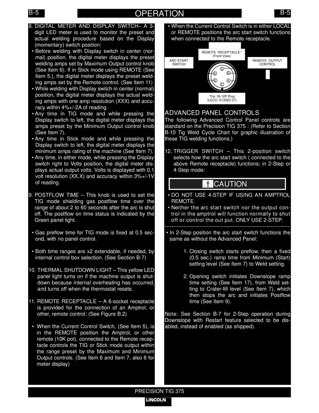 Lincoln Electric IM703-A manual Advanced Panel Controls, Do not USE 4-STEP if Using AN Amptrol Remote 