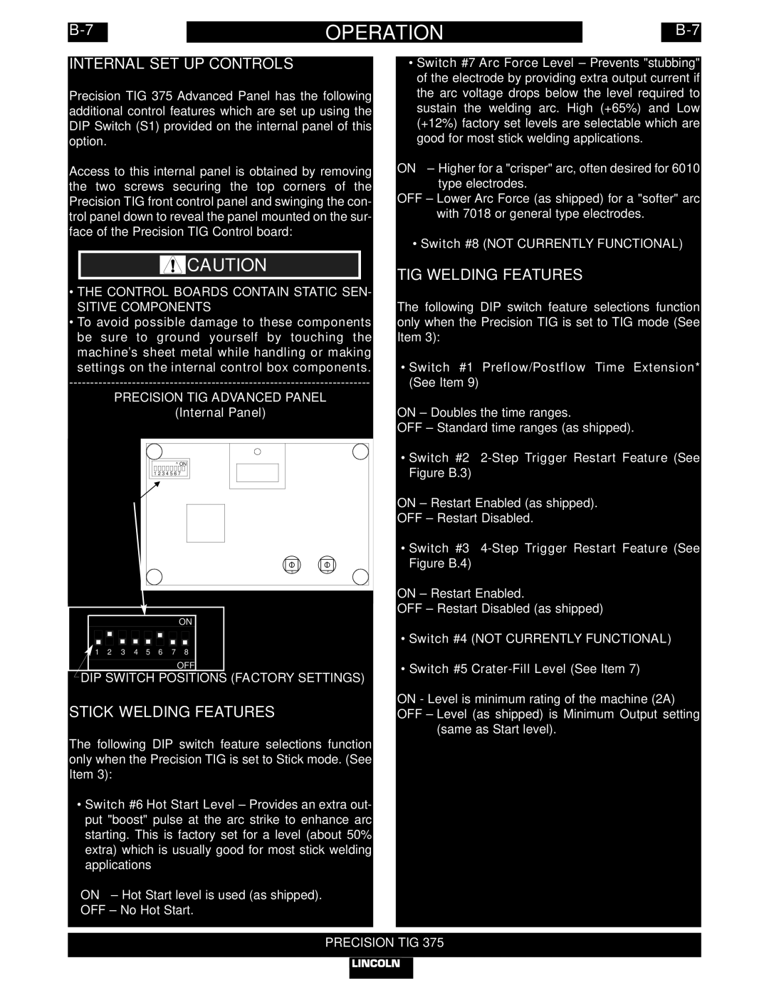 Lincoln Electric IM703-A manual Internal SET UP Controls, TIG Welding Features, Stick Welding Features 