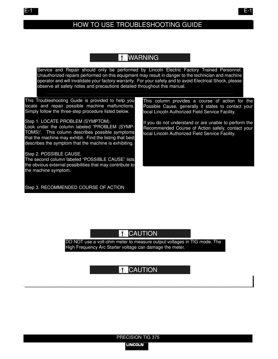 Lincoln Electric IM703-A manual HOW to USE Troubleshooting Guide 