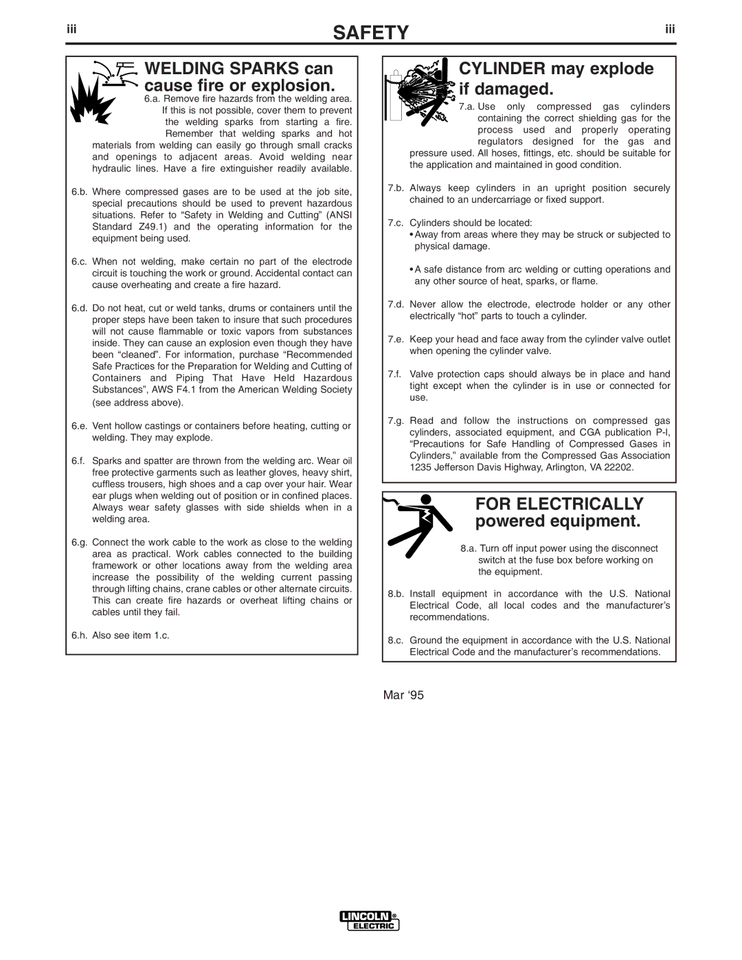 Lincoln Electric IM703-A manual Welding Sparks can cause fire or explosion, Iii 