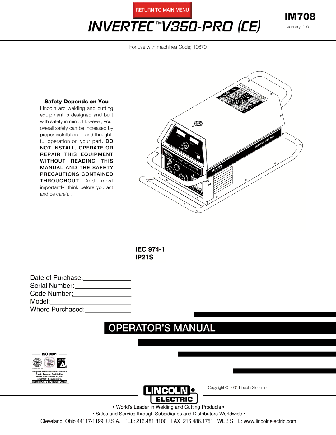 Lincoln Electric IM708 manual Invertec V350-PRO CE, Iec 