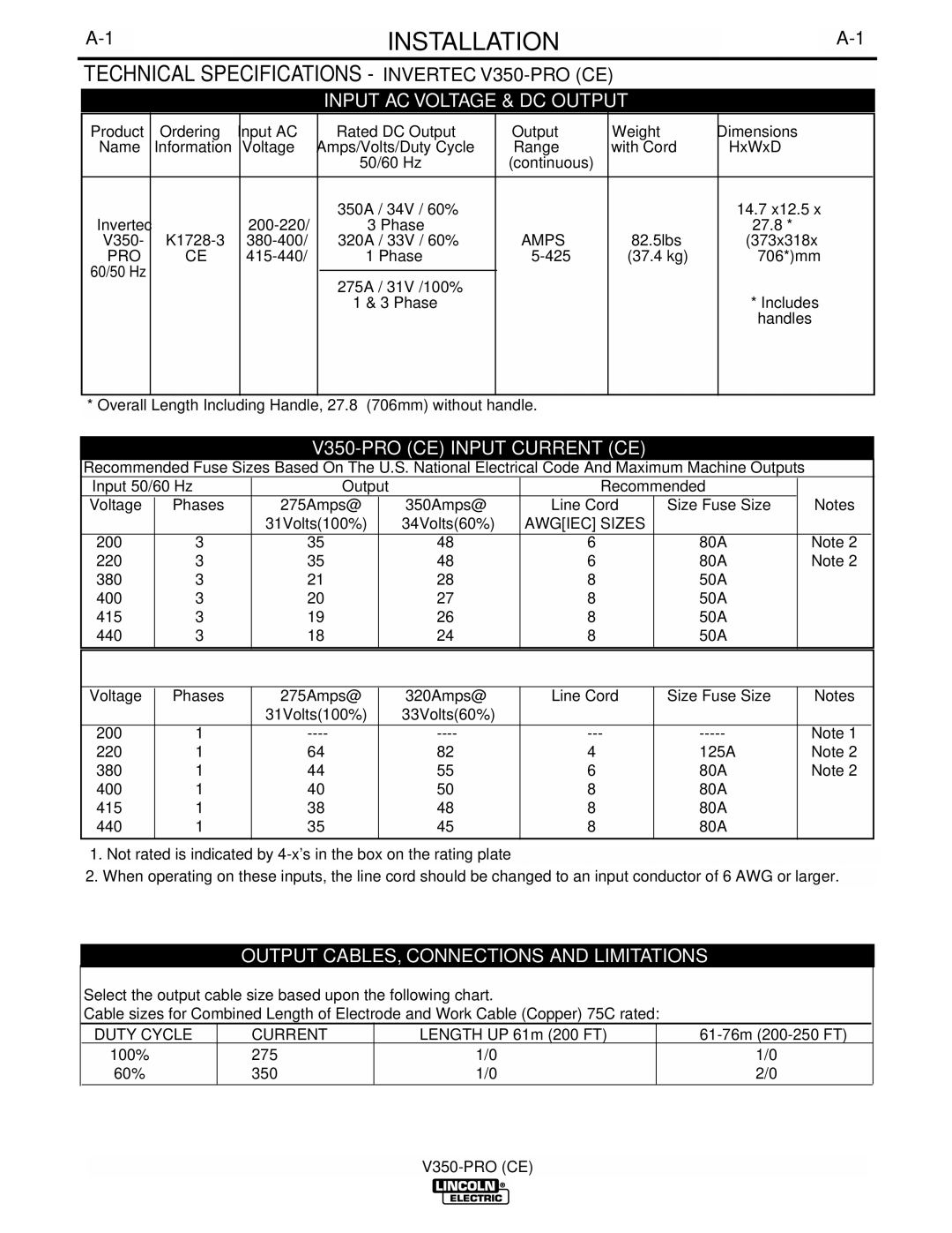 Lincoln Electric IM708 manual Installation, Technical Specifications Invertec V350-PRO CE 