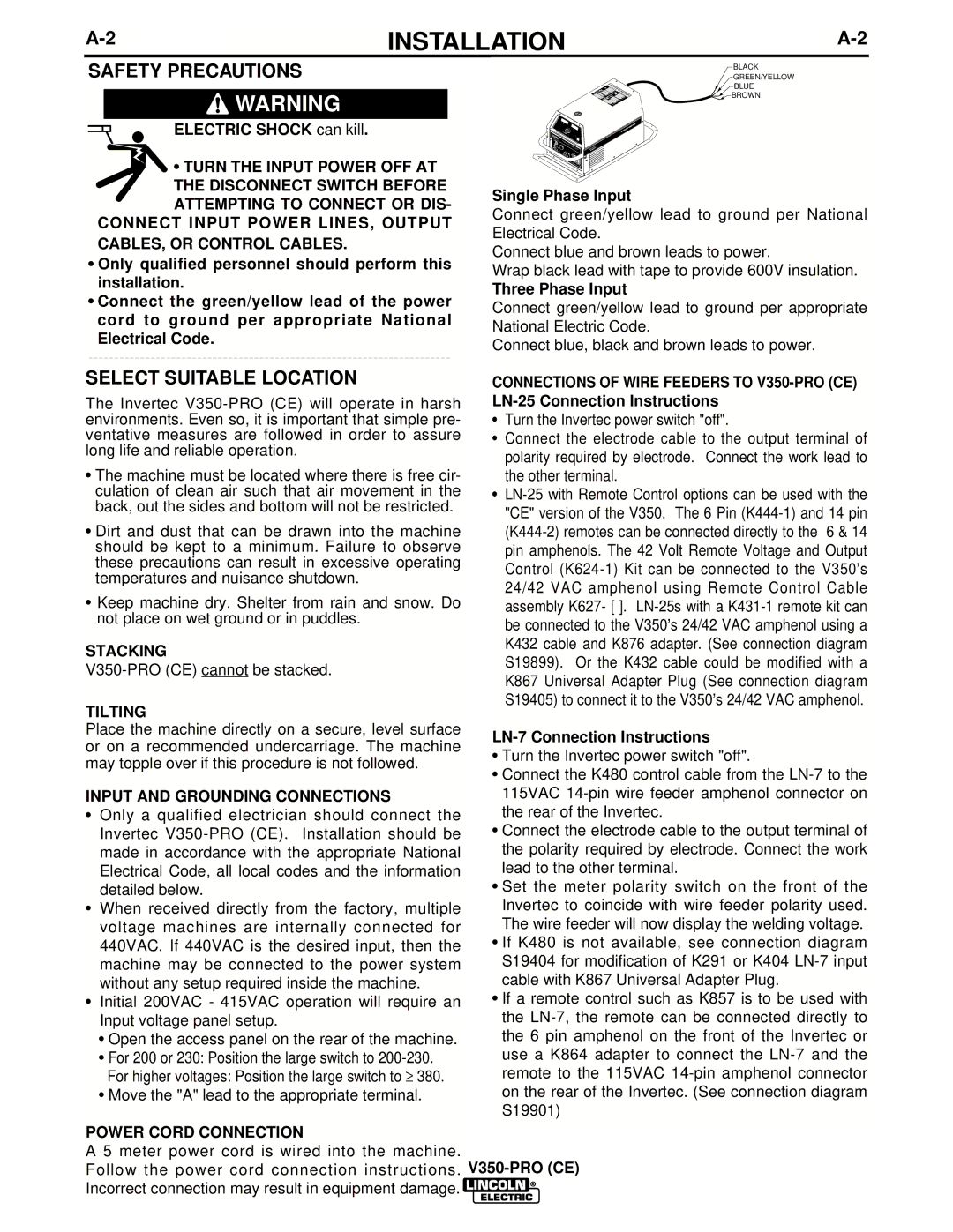 Lincoln Electric IM708 manual Stacking, Tilting, Input and Grounding Connections, Power Cord Connection 