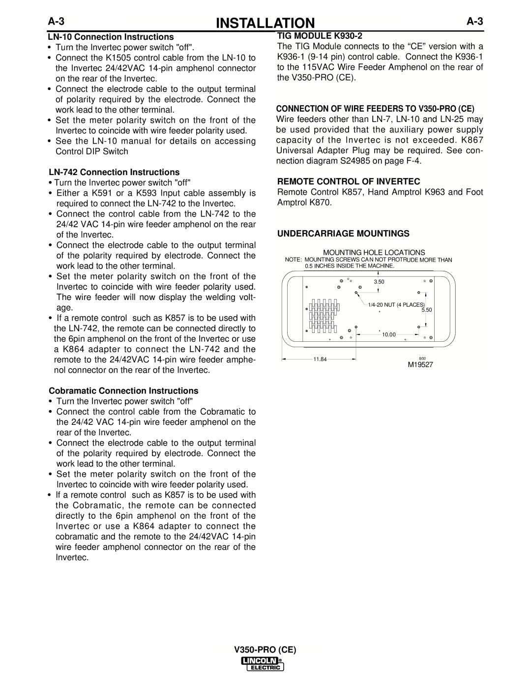 Lincoln Electric IM708 manual TIG Module K930-2, Remote Control of Invertec, Undercarriage Mountings 