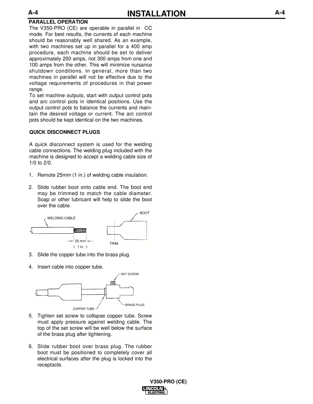 Lincoln Electric IM708 manual Parallel Operation, Quick Disconnect Plugs 