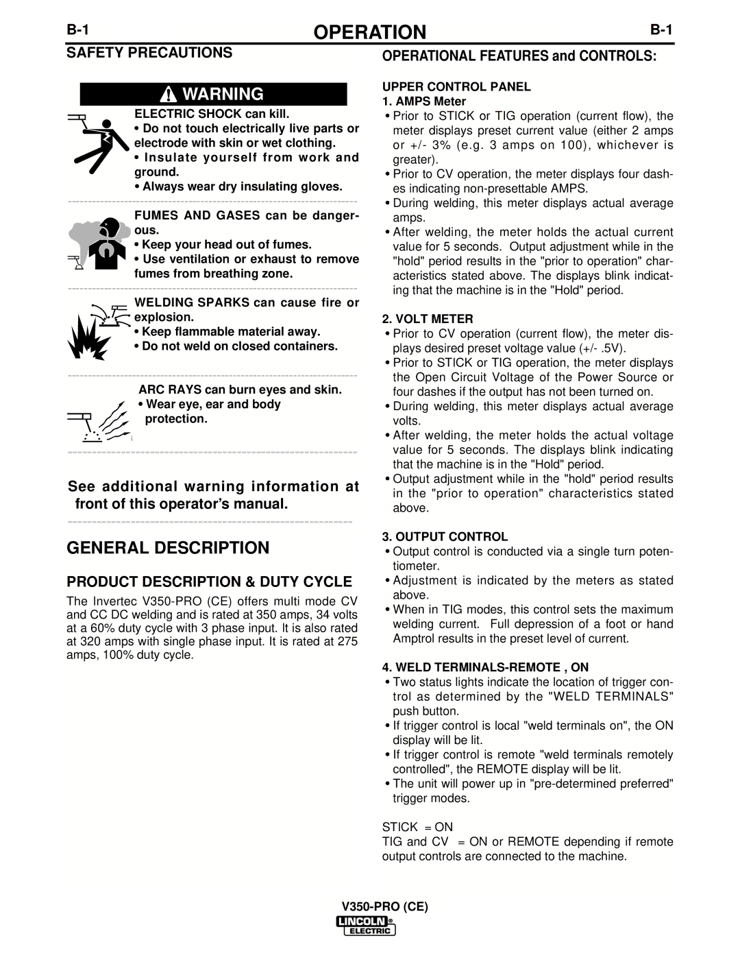 Lincoln Electric IM708 manual Operational Features and Controls, Volt Meter, Output Control, Weld TERMINALS-REMOTE , on 