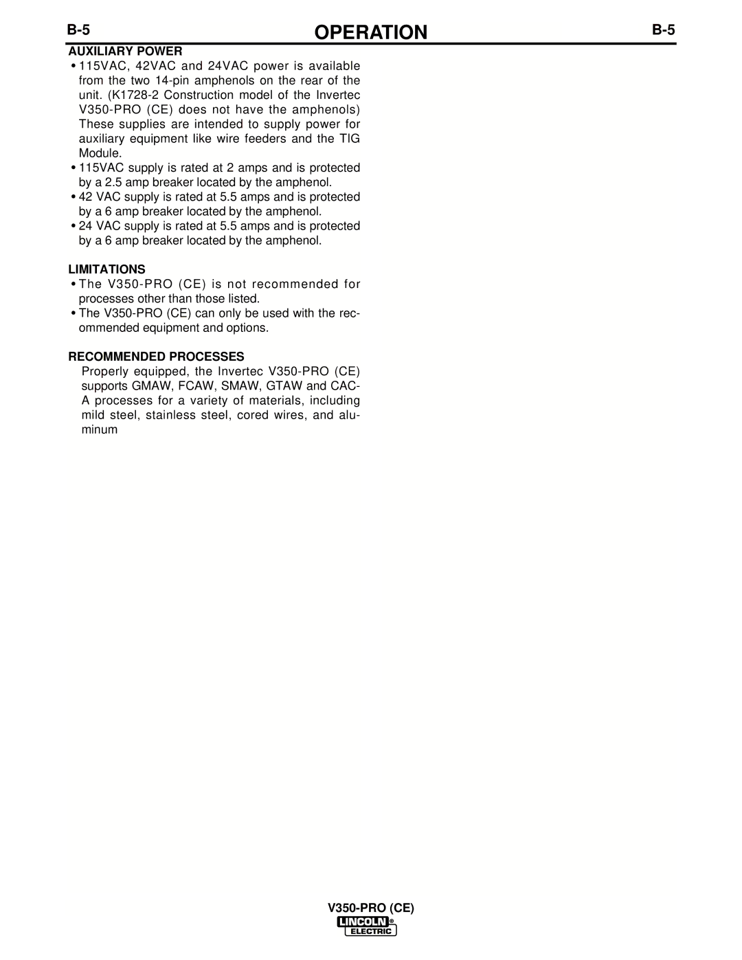 Lincoln Electric IM708 manual Auxiliary Power, Limitations, Recommended Processes 