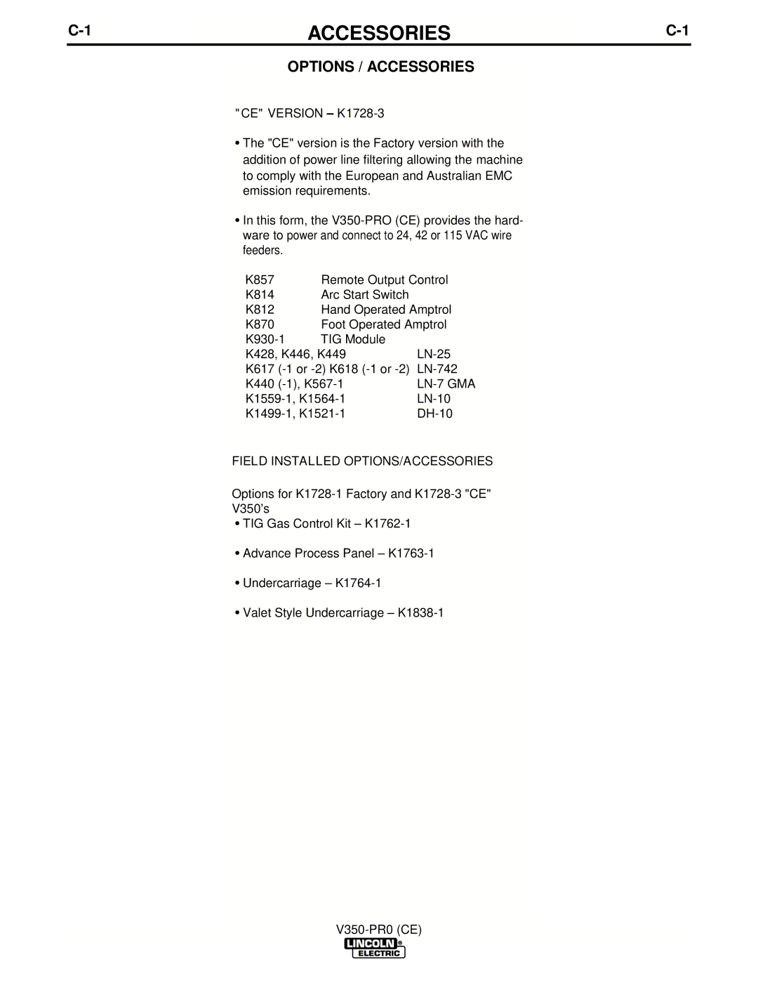 Lincoln Electric IM708 manual Accessories, CE Version K1728-3, Field Installed OPTIONS/ACCESSORIES, V350-PR0 CE 