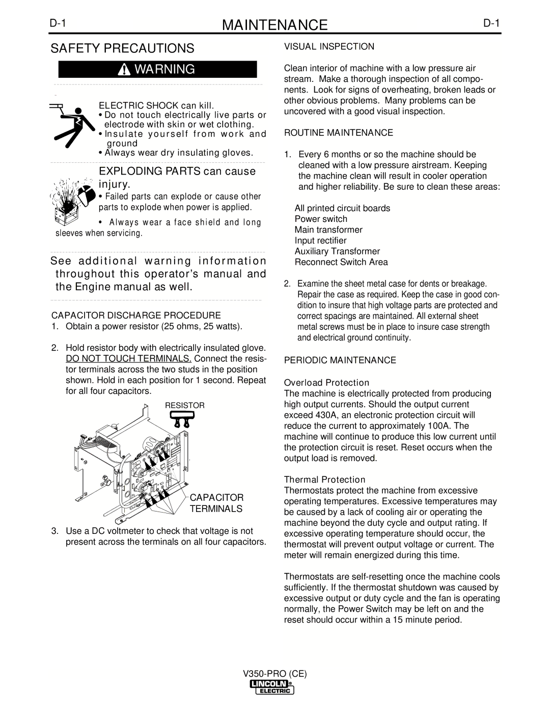 Lincoln Electric IM708 manual Maintenance, Exploding Parts can cause injury 