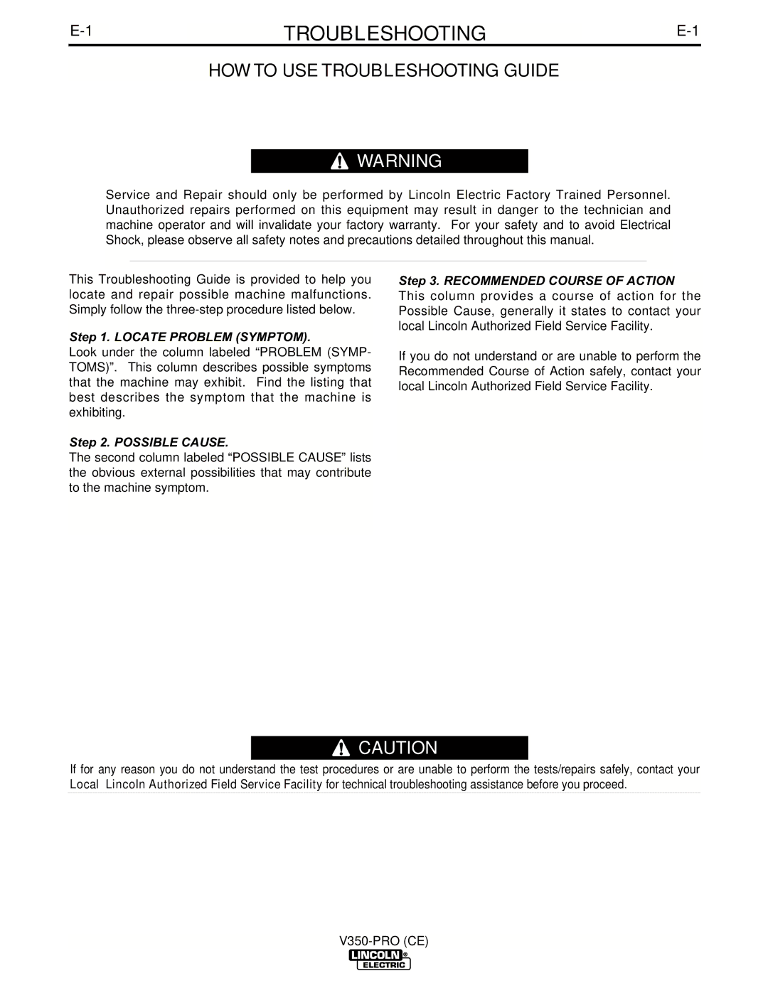 Lincoln Electric IM708 manual HOW to USE Troubleshooting Guide 