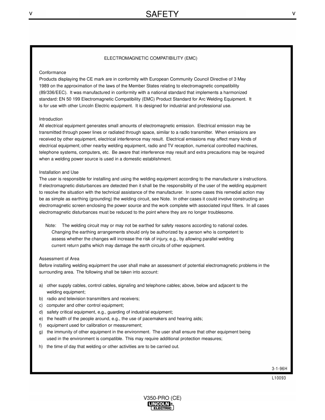 Lincoln Electric IM708 manual V350-PRO CE, Electromagnetic Compatibility EMC 