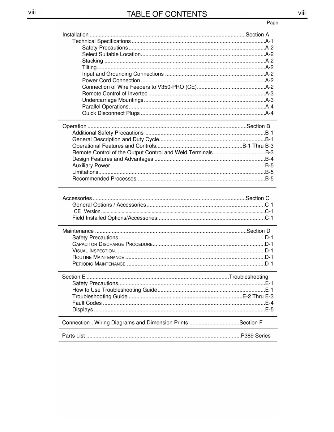 Lincoln Electric IM708 manual Table of Contents 