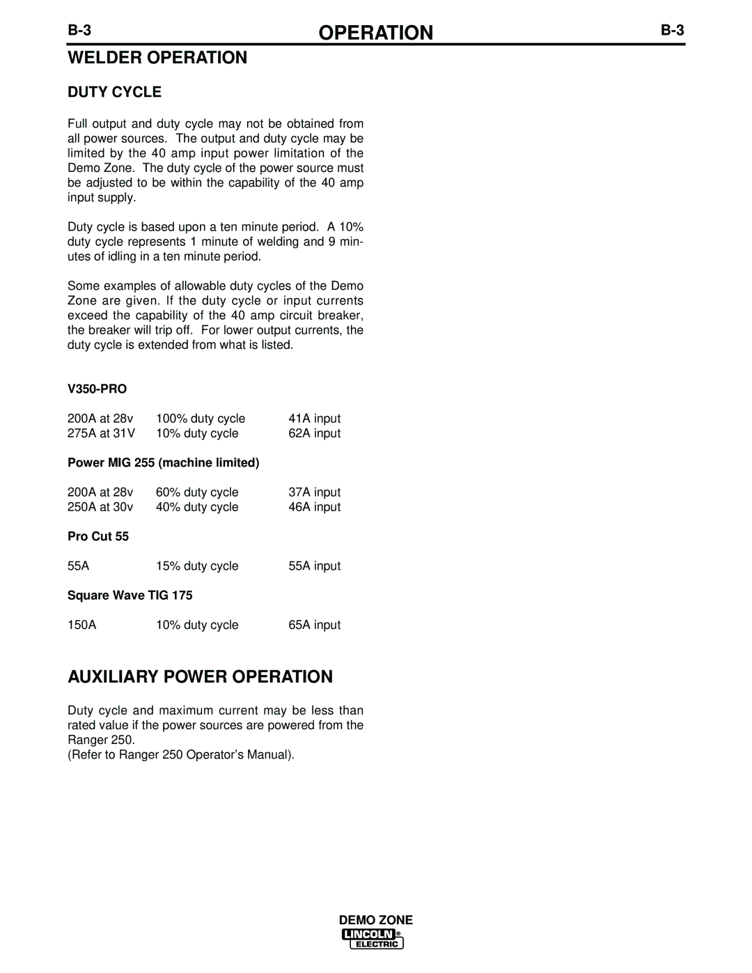 Lincoln Electric IM709 manual Welder Operation, Auxiliary Power Operation, Duty Cycle 