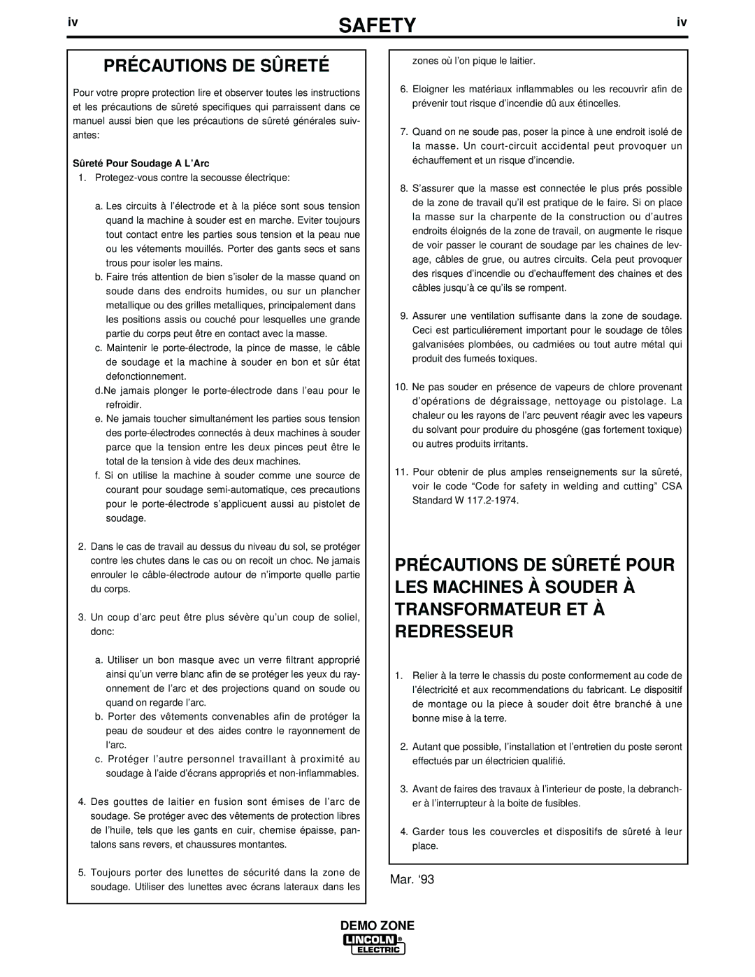 Lincoln Electric IM709 manual Précautions DE Sûreté, Sûreté Pour Soudage a L’Arc 