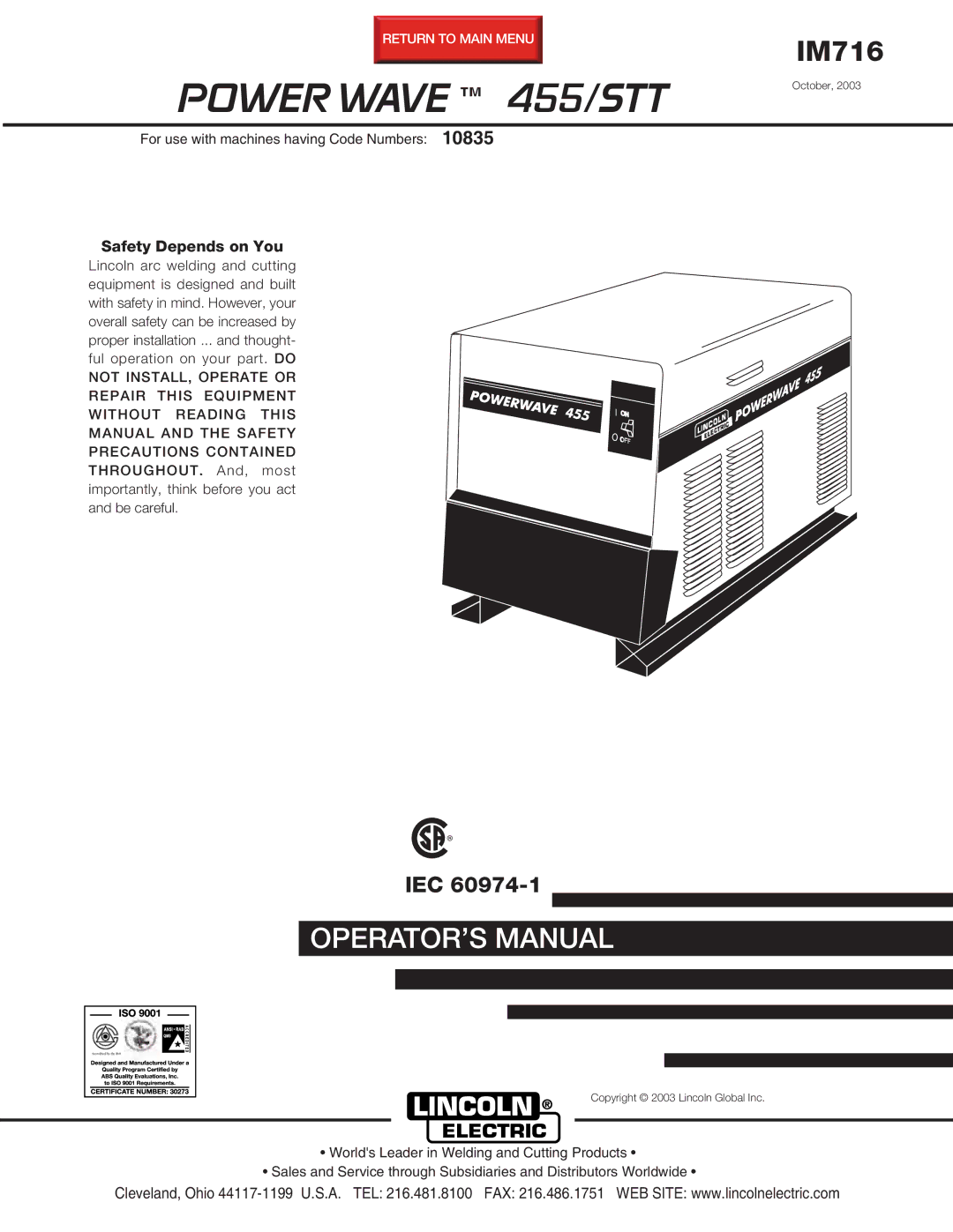 Lincoln Electric IM716 manual Power Wave 455/STT 