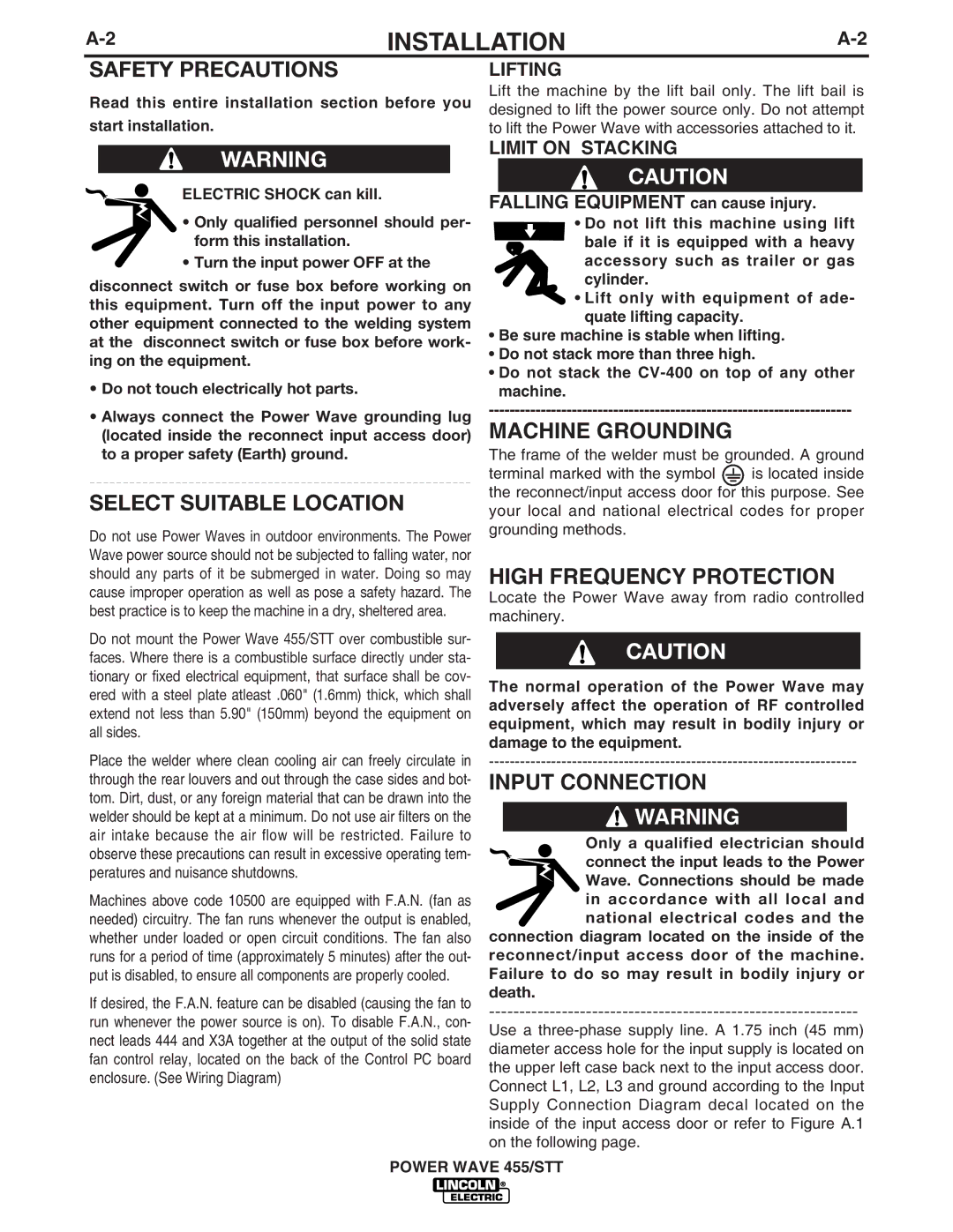Lincoln Electric IM716 manual Machine Grounding, High Frequency Protection, Input Connection, Lifting, Limit on Stacking 