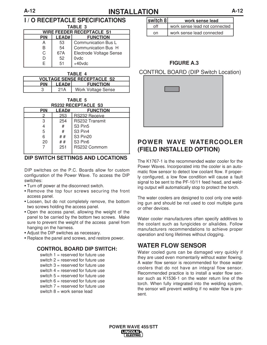 Lincoln Electric IM716 manual Receptacle Specifications, Power Wave Watercooler Field Installed Option, Water Flow Sensor 