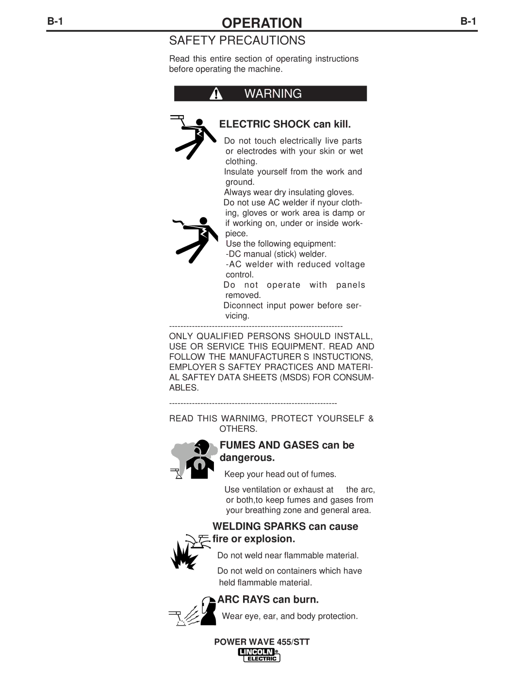 Lincoln Electric IM716 manual 1OPERATIONB-1, Electric Shock can kill 