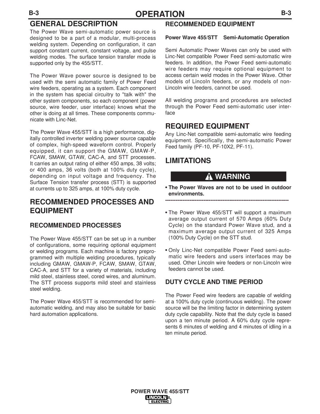 Lincoln Electric IM716 manual Operation, General Description, Recommended Processes and Equipment, Required Equipment 