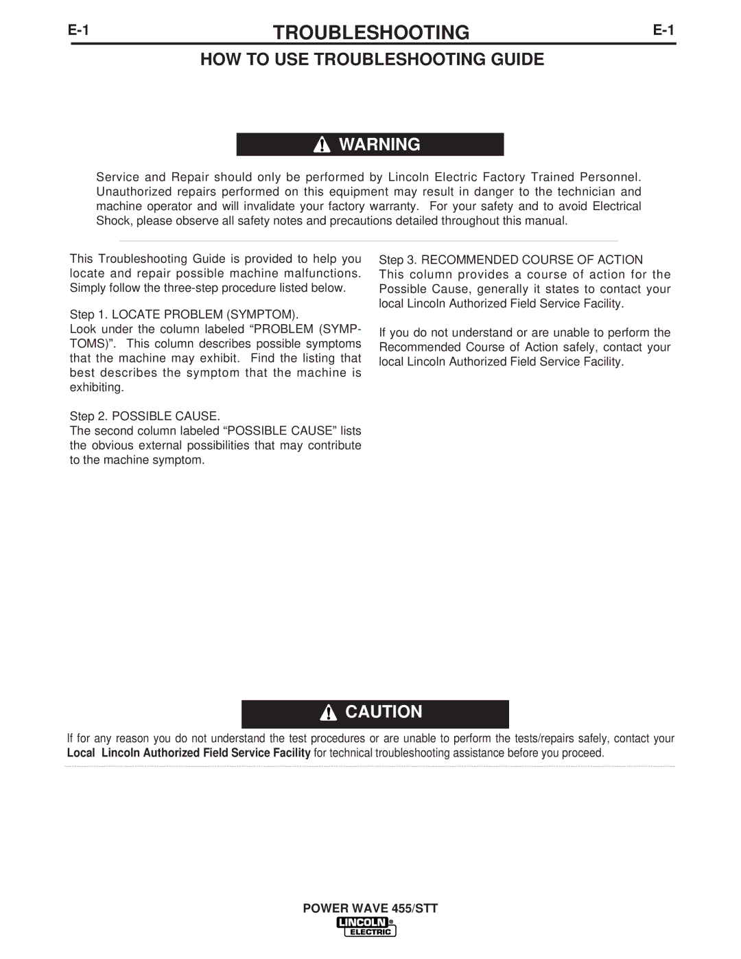 Lincoln Electric IM716 manual HOW to USE Troubleshooting Guide 