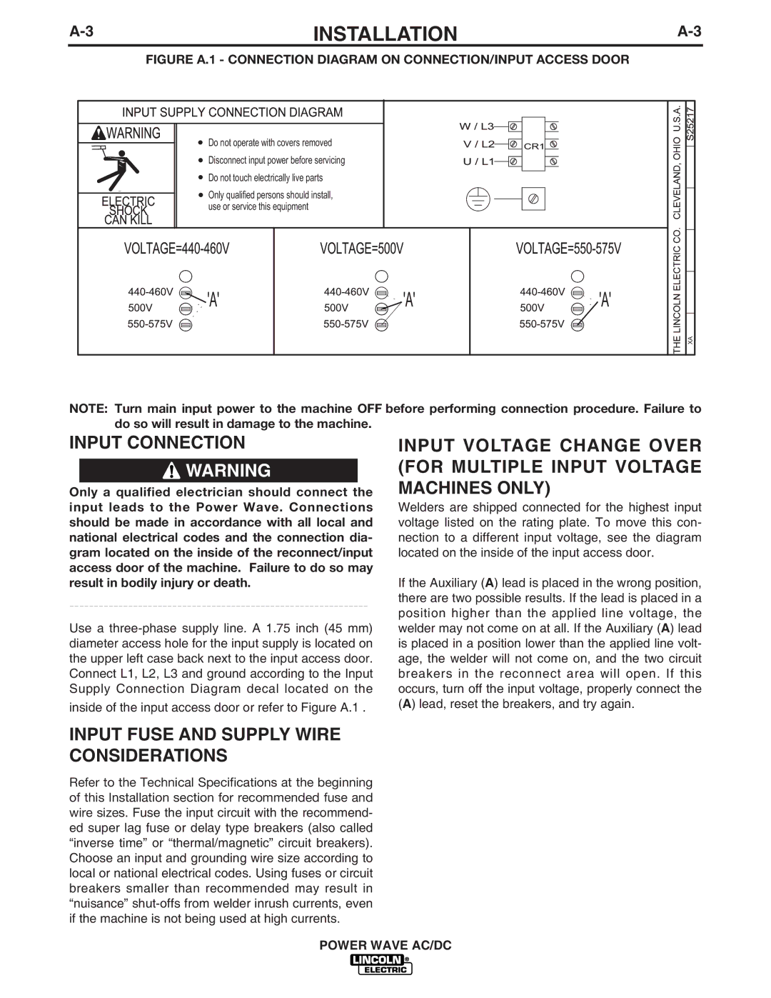 Lincoln Electric IM718 manual Input Connection, Input Fuse and Supply Wire Considerations 