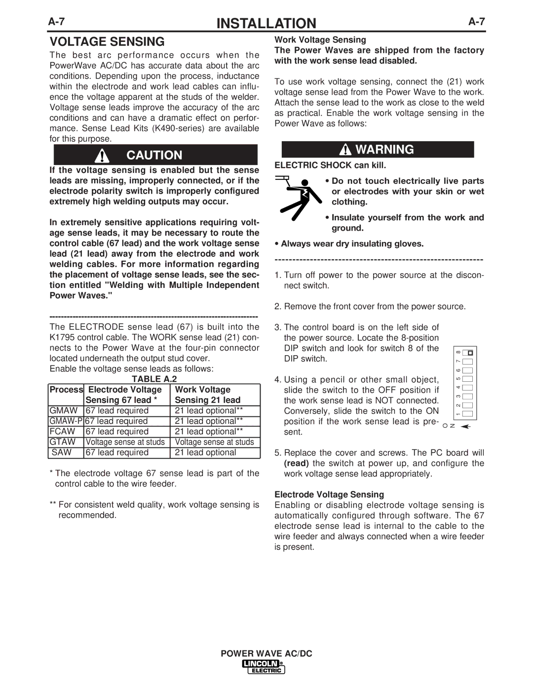 Lincoln Electric IM718 manual Table A.2, Electrode Voltage Sensing 