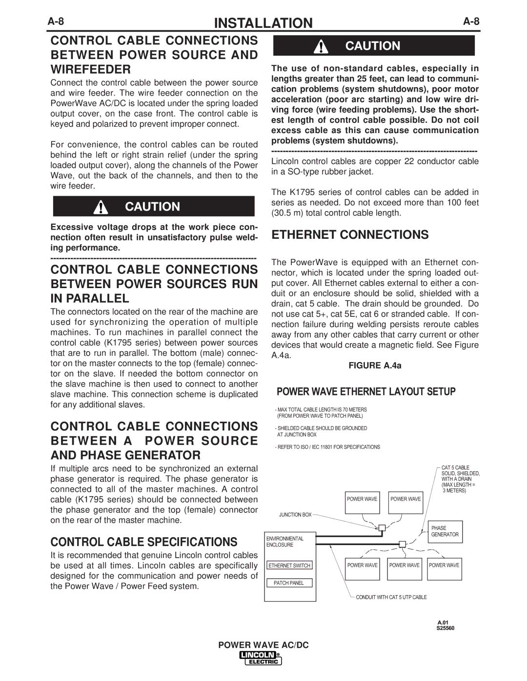 Lincoln Electric IM718 manual Ethernet Connections, Control Cable Specifications 