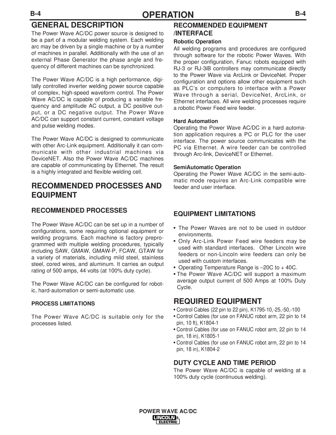 Lincoln Electric IM718 manual General Description, Recommended Processes and Equipment, Required Equipment 