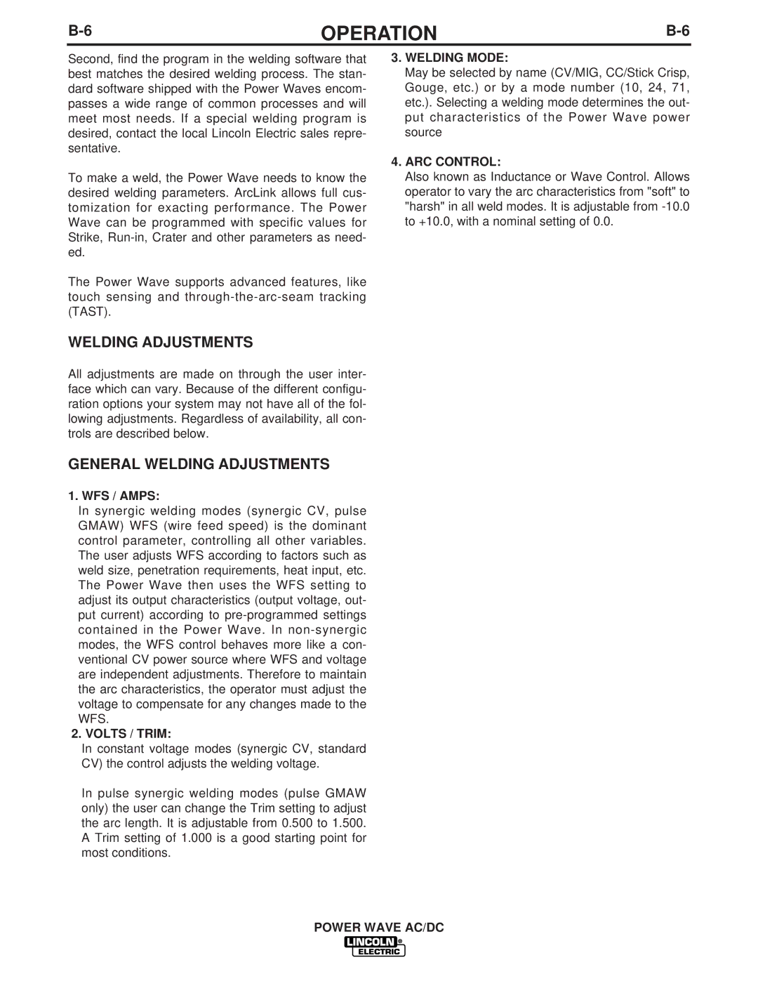 Lincoln Electric IM718 manual General Welding Adjustments, Volts / Trim, Welding Mode, ARC Control 