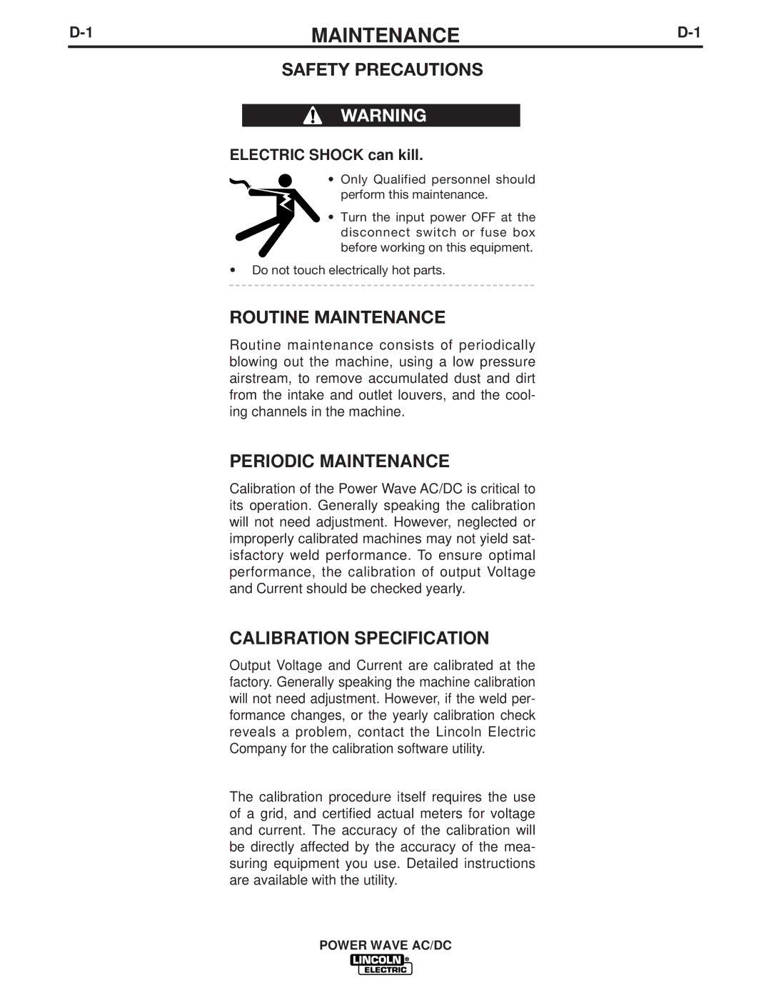 Lincoln Electric IM718 manual Periodic Maintenance, Calibration Specification 