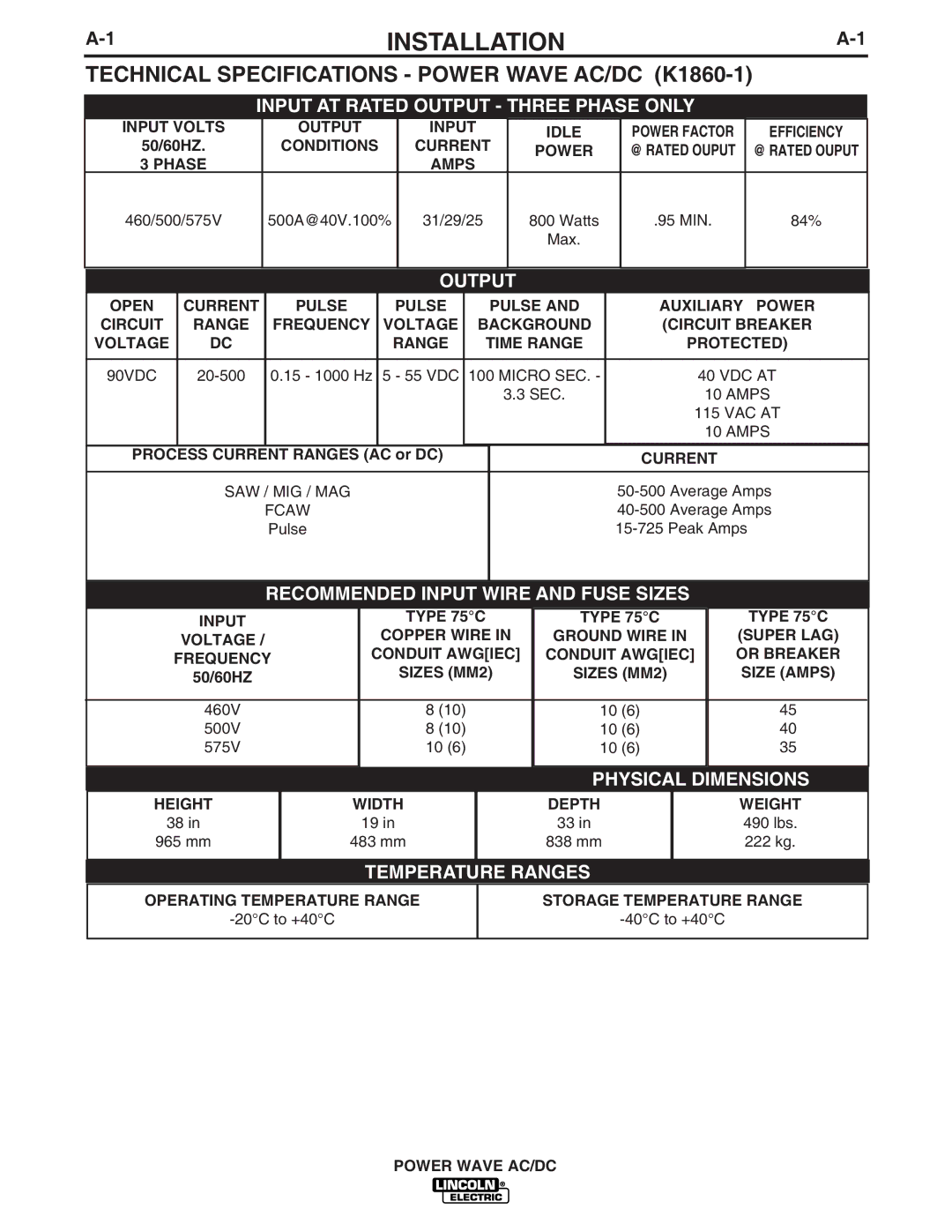 Lincoln Electric IM718 manual Installation, Technical Specifications Power Wave AC/DC K1860-1 