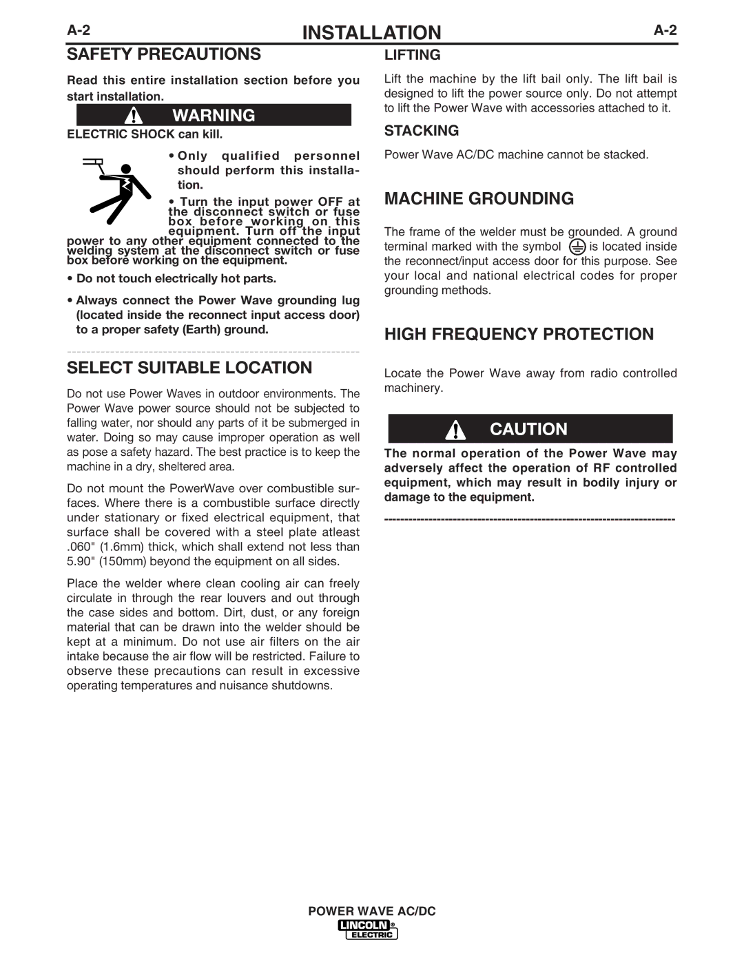 Lincoln Electric IM718 manual Machine Grounding, High Frequency Protection, Lifting, Stacking 