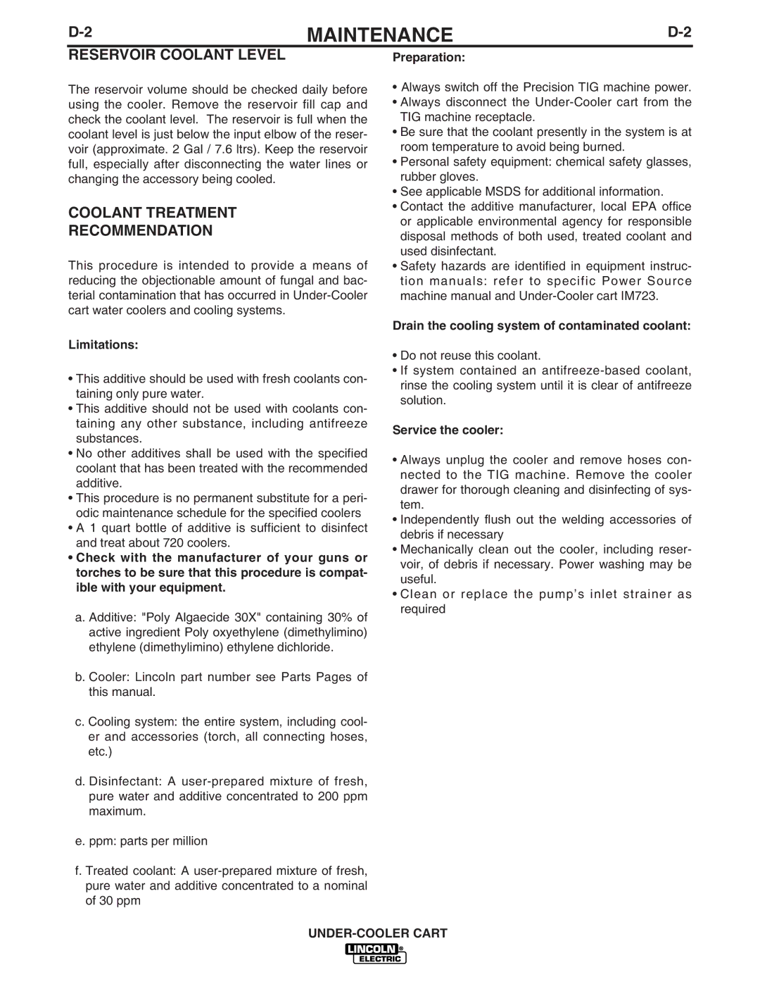 Lincoln Electric IM723-A manual Reservoir Coolant Level, Coolant Treatment Recommendation 