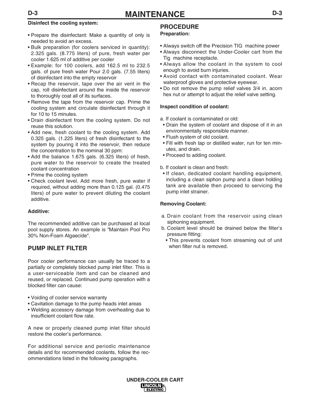 Lincoln Electric IM723-A manual Pump Inlet Filter, Procedure 