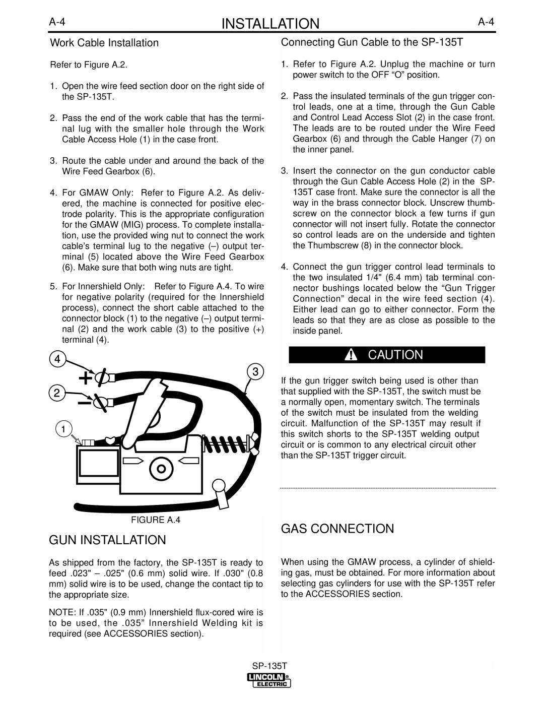 Lincoln Electric IM724 GUN Installation, GAS Connection, Work Cable Installation, Connecting Gun Cable to the SP-135T 