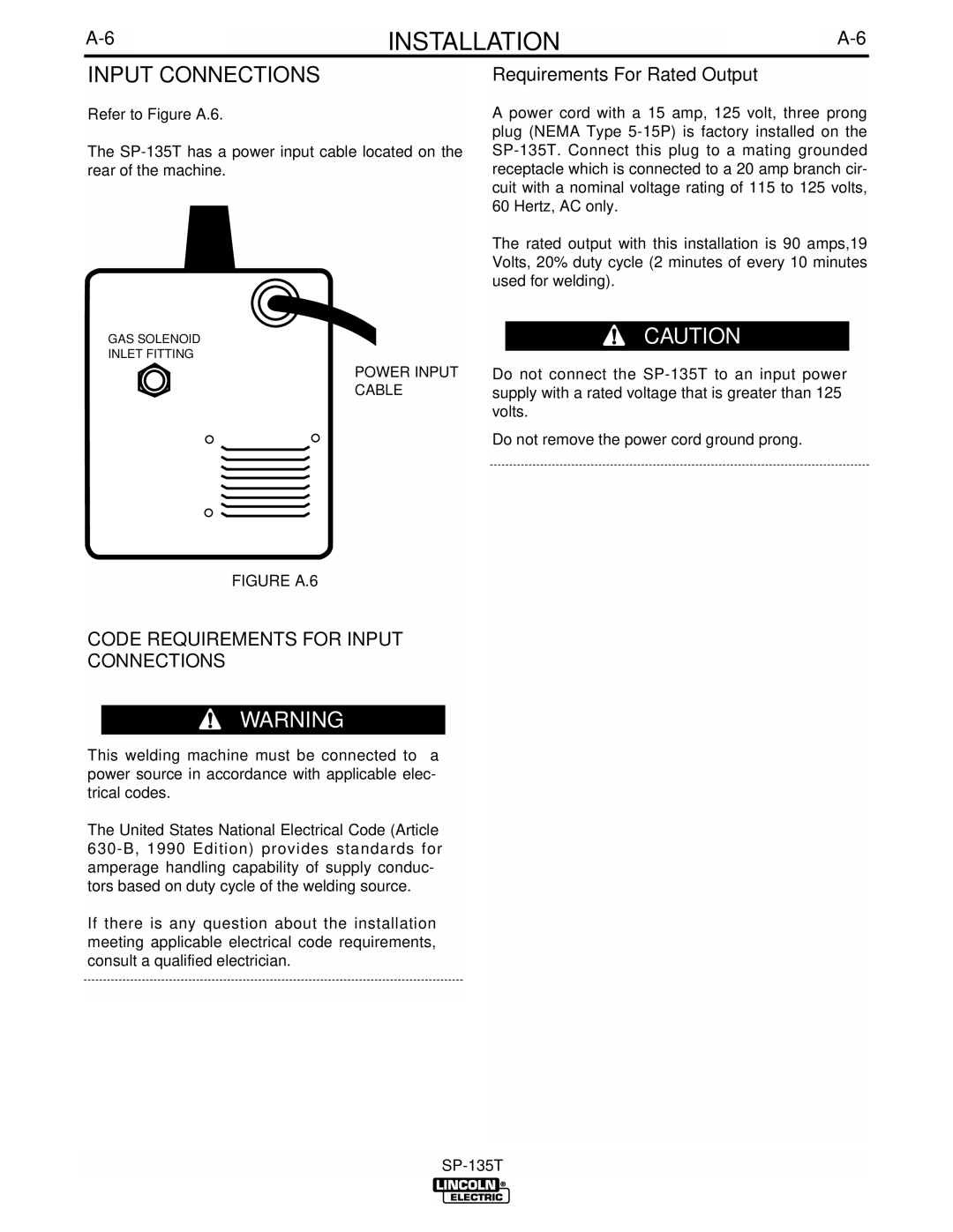 Lincoln Electric IM724 manual Code Requirements for Input Connections, Requirements For Rated Output 