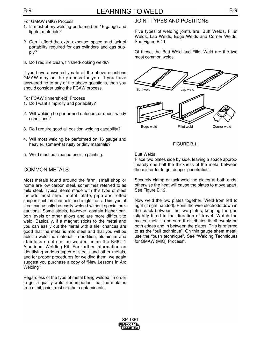 Lincoln Electric IM724 manual Common Metals, Joint Types and Positions, For Gmaw MIG Process, For Fcaw Innershield Process 