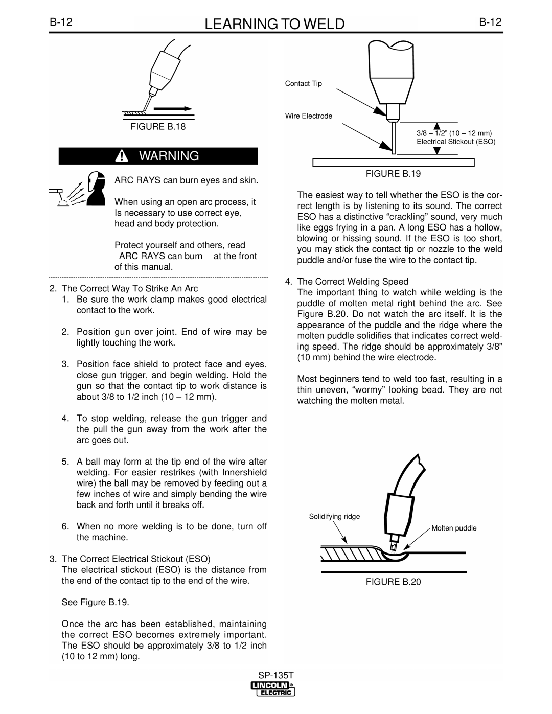 Lincoln Electric IM724 manual Correct Electrical Stickout ESO, Correct Welding Speed 