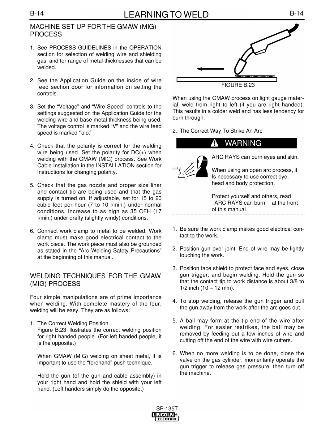 Lincoln Electric IM724 manual Machine SET UP for the Gmaw MIG Process, Welding Techniques for the Gmaw MIG Process 
