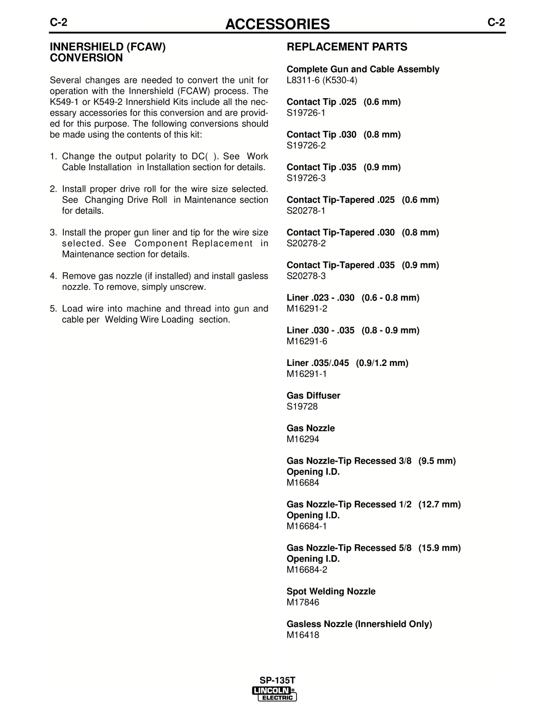 Lincoln Electric IM724 manual Innershield Fcaw Replacement Parts Conversion 