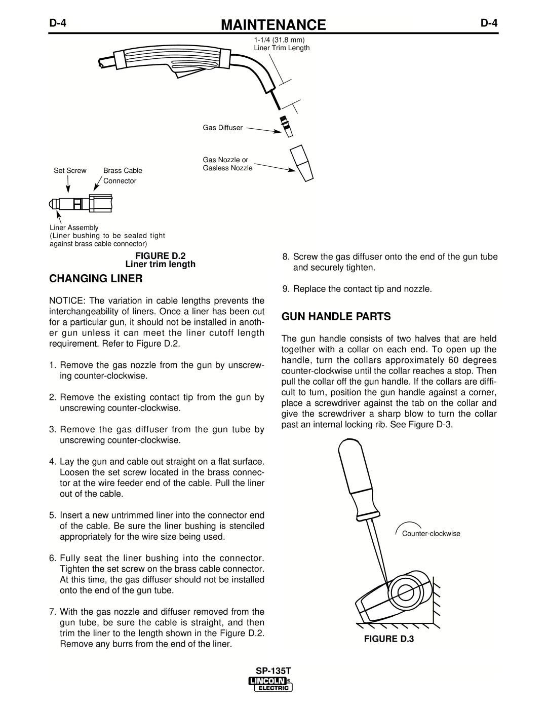 Lincoln Electric IM724 manual Changing Liner, GUN Handle Parts, Liner trim length 